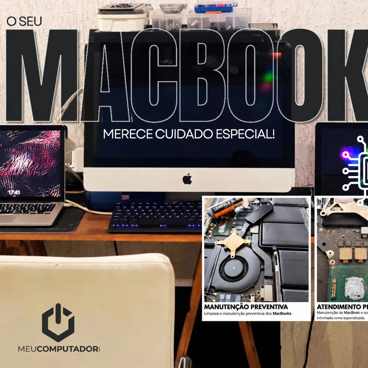Arte com MacBook e peças de manutenção preventiva, destacando o cuidado especial da meucomputador com produtos Apple